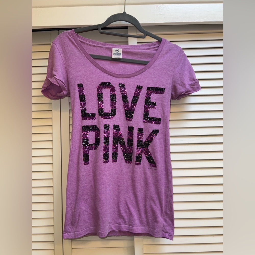 Y2K VICTORIA SECRET LOVE PINK SEQUIN T-SHIRT VINTAGE BLING!!!
